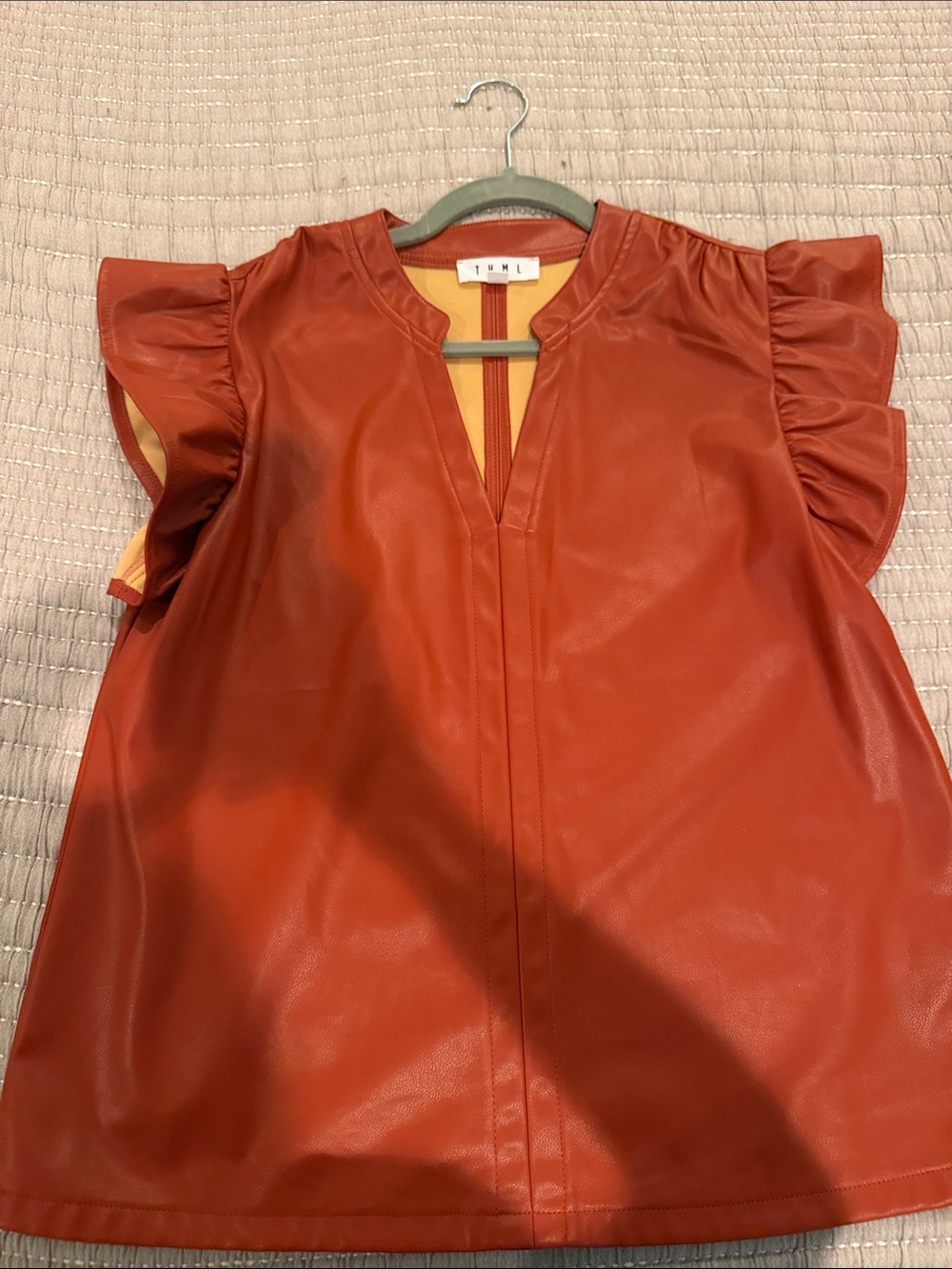 THML Rust Brown Faux Leather Ruffle Sleeve Blouse